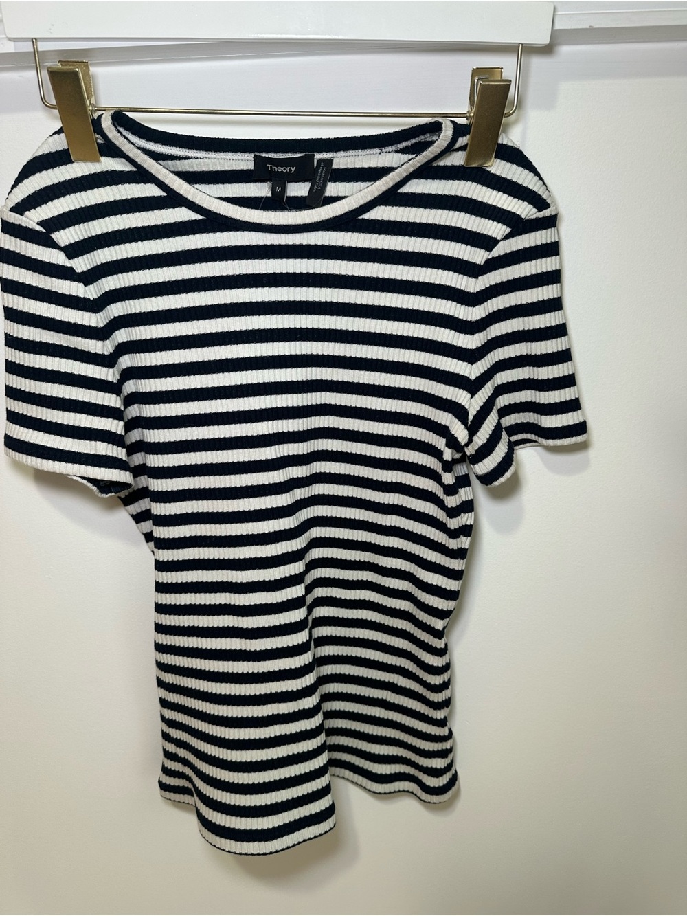 Theory Black and White Ribbed Striped Short-Sleeve Top